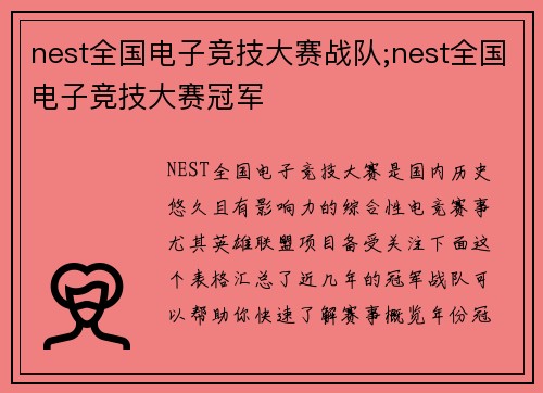 nest全国电子竞技大赛战队;nest全国电子竞技大赛冠军